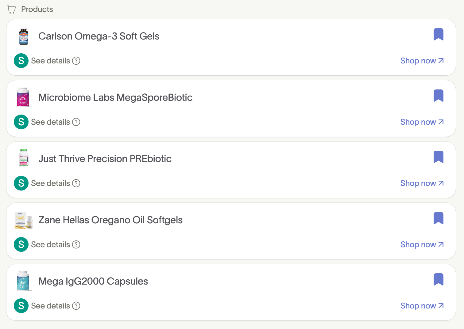 A list of five supplement products with their names, brief details, and “Shop now” links displayed in a vertical format.